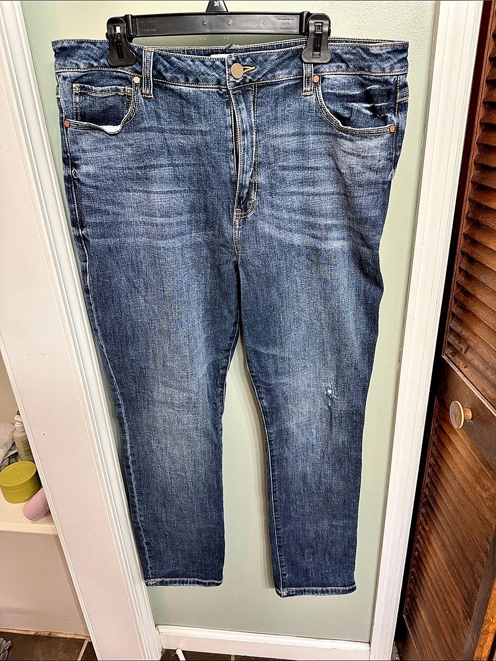 Cabi Higher Straight Waist 16 in Blue with minor deconstructed look